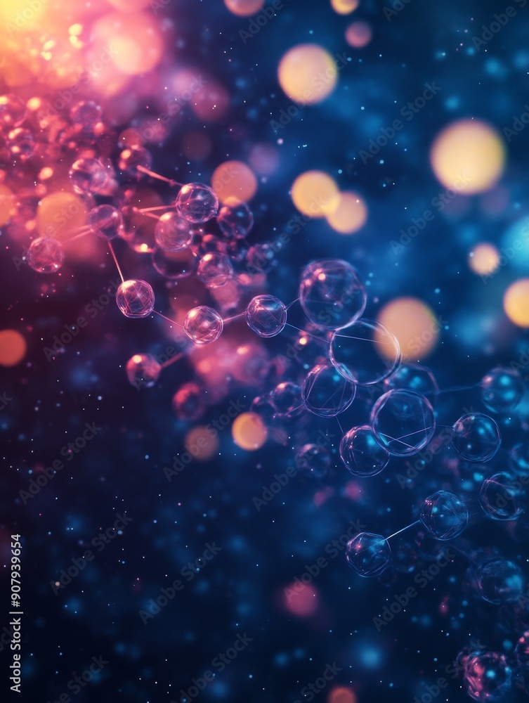 Poster a vibrant abstract image depicting a molecular structure with interconnected spheres, illuminated by