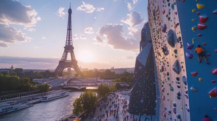 A dynamic capture of a rock climbing competition held on an artificial wall set up near the Eiffel Tower, blending the thrill of the sport with the city's iconic architecture.