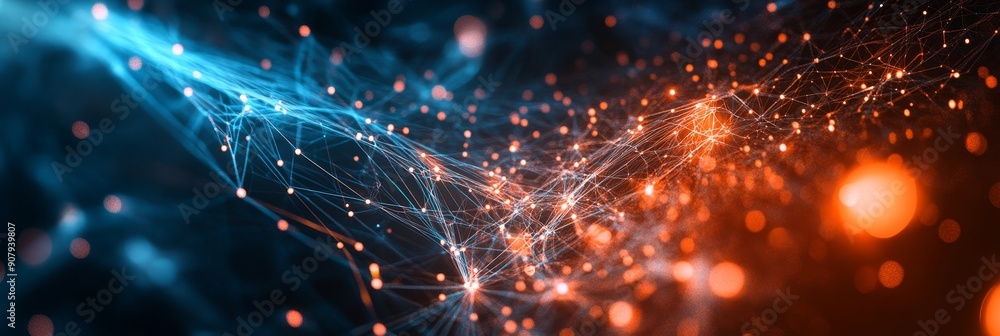 Poster a digital of a network connection with blue and orange light particles symbolizing data flow, commun