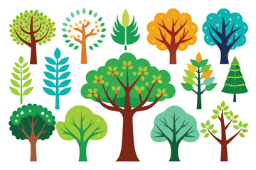 Collection of Stylized Tree Illustrations in Various Colors and Shapes