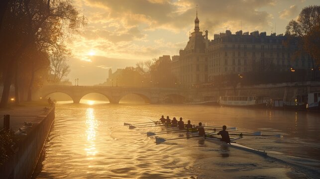 A picturesque scene of a rowing team practicing on the Seine River at dawn, with historic buildings and bridges framing the background, highlighting the harmony between sport and the beauty of Paris.