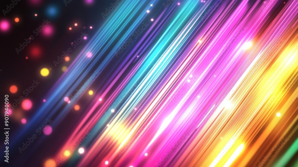 Poster vibrant diagonal rainbow lines with glowing particles create a dynamic and futuristic feel. the line