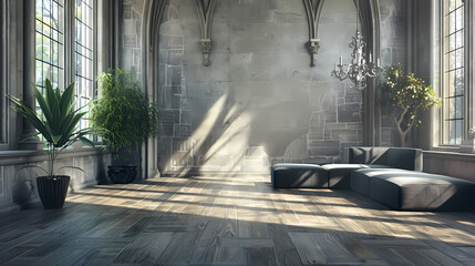 Sunlight streams through tall windows in a grand, minimalist living room with a stone wall and a modern sectional couch.