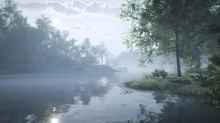 Fototapeta premium beautiful lake in the morning with morning sunlight shrouded in thin clouds