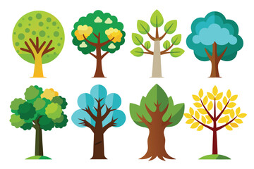 Fototapeta premium Collection of Eight Cartoon Trees with Different Shapes and Colors
