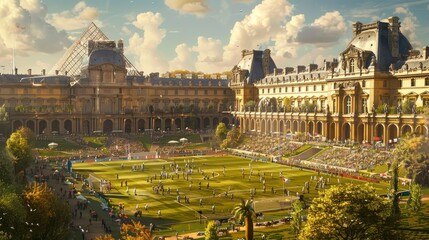 Fototapeta premium A vibrant image of a soccer match played in a temporary stadium set up in the Tuileries Garden, with the Louvre Museum as the backdrop, blending sport with art and history.