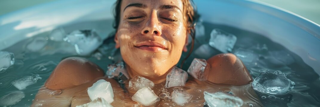 Young woman enjoying cold water immersion with ice cubes in a plastic tub in a serene outdoor setting practicing Wim Hof Method cold therapy breathing exercises yoga and meditation
