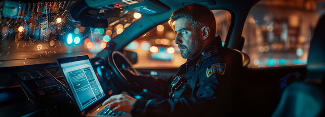 Law Enforcement on the Go: Police Officer Utilizes Laptop for Crime Investigations and License Checks Inside Squad Car