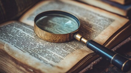 A vintage magnifying glass rests atop an aged book, symbolizing research, exploration, discovery, knowledge, and the pursuit of understanding.