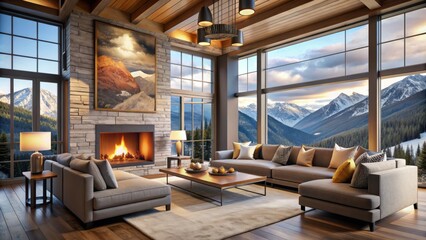 Fototapeta premium Cozy luxurious mountain home living room features sleek modern fireplace, large windows with breathtaking mountain views, and sophisticated furnishings in a warm neutral palette.