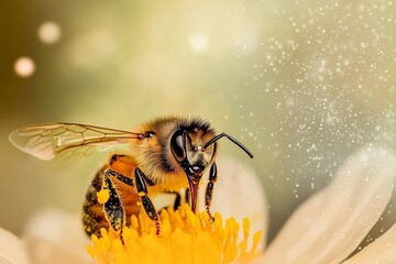 Naklejka premium Close-Up of a Bee Pollinating a Flower, Emphasizing Biodiversity and Ecosystem Health