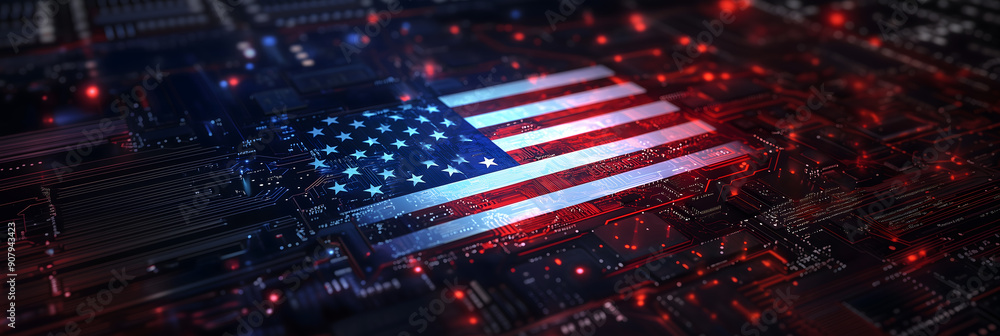 Poster an american flag embedded in a digital circuit board, symbolizing the intersection of technology and