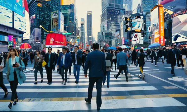 Times Square in New York City - A bustling street with a mix of people and towering buildings.