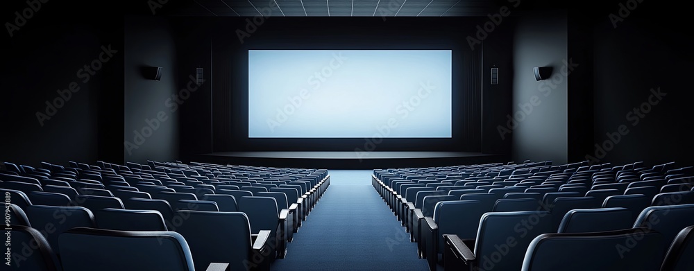 Poster semi close-up of an empty theater with the screen dimly lit, shadows creating a moody atmosphere, ca