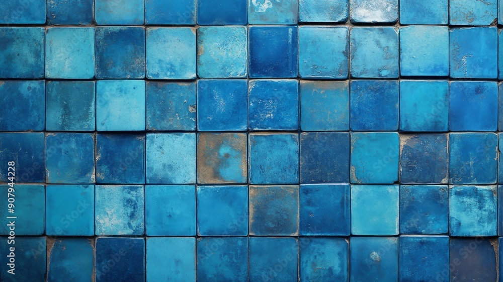 Poster a seamless pattern of blue ceramic tiles, each with subtle variations in color and texture, creating