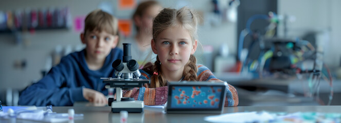 Exploring Science: Kids Discovering with Microscope and Tablet in Elementary Classroom