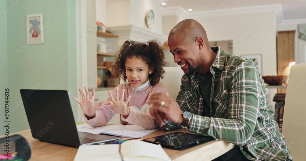 Poster father, girl and laptop for teaching, math and development in home with support, hands and online cl