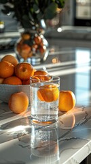 Minimalistic water glass on a white kitchen island, with a bowl of fresh fruits nearby. 