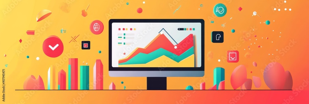Poster a computer screen displays a graph showing upward trends, symbolizing growth, success, data analytic