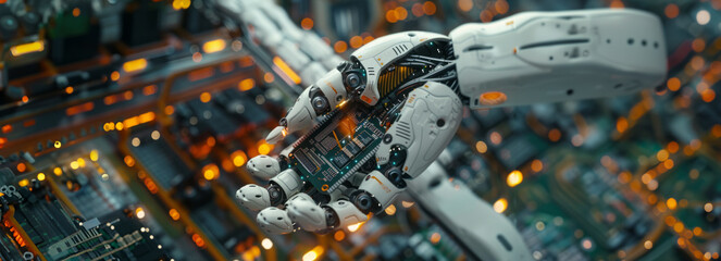 Futuristic Animation: Cutting-Edge Robot Arm Grasping Modern CPU Transmitting Data with Computer Vision