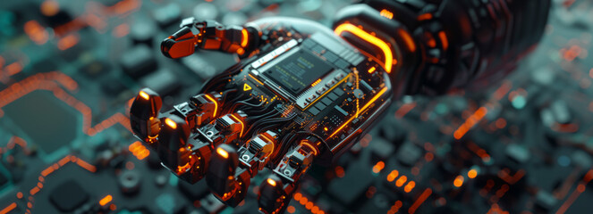 Cutting-Edge Futuristic Animation: Advanced Robot Arm Showcasing Modern Super Computer Processor Transmitting Data with Computer Vision