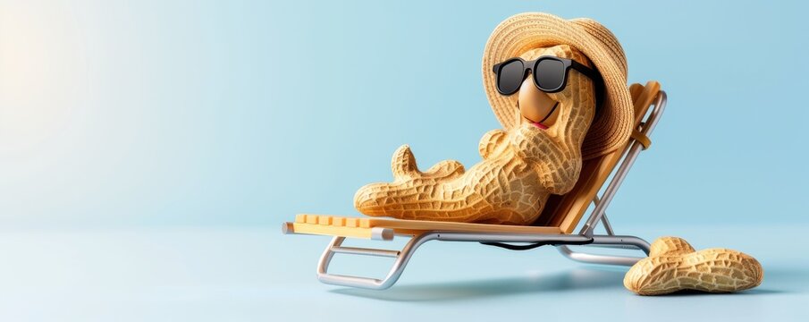 Cartoon peanut character lounging on a beach chair, wearing sunglasses and a hat, enjoying a sunny day on a blue background.