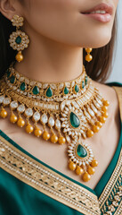 Closeup of Women wearing beautiful gold necklace 