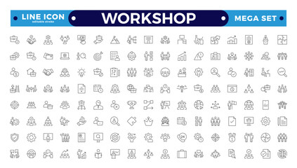 Workshop icon set. Containing team building, collaboration, teamwork, coaching, problem-solving and education icons. Editable stroke outline icon training, meeting Outline icon collection.