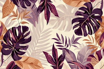 vintage beige and purplr and bordeaux tropical leafy illustration, beautiful dusty boho colores, creme background