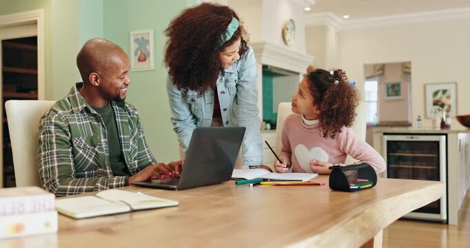 Black family, daughter and homework in house, smile and dad with laptop for remote work and online. Kitchen, mom and happy to check on child, writing and help for girl with classwork and parents