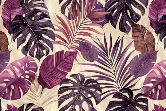 vintage beige and purplr and bordeaux tropical leafy illustration, beautiful dusty boho colores, creme background