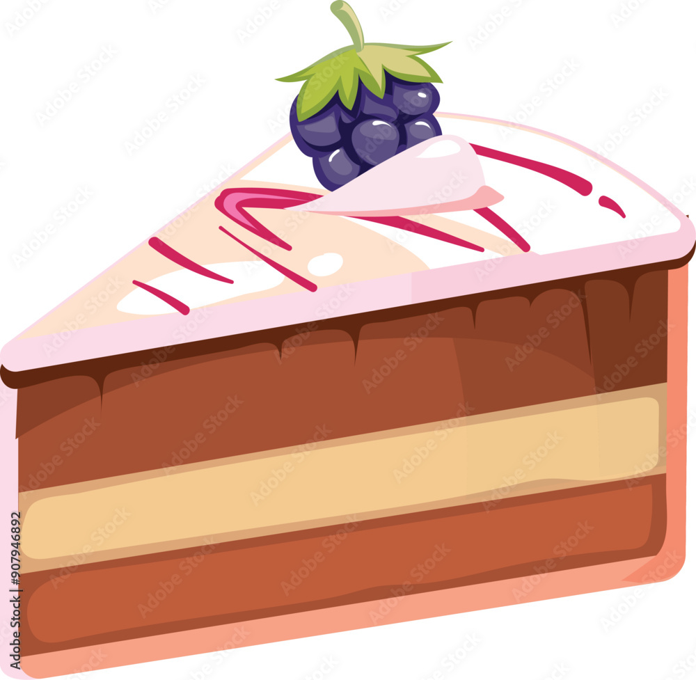 Sticker chocolate cake with sweet berry. cartoon slice icon