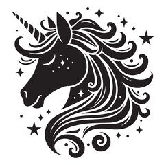Unicorn simple vector silhouette black and white.