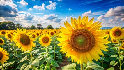 Fototapeta premium Vibrant sunflower field with lush greenery and bright yellow blooms under a clear blue sky, evoking feelings of happiness and freedom on a warm summer day.