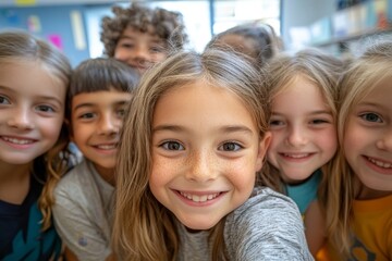 Obraz premium Class selfie in an elementary school. Kids taking a picture together in a co-ed school, Generative AI