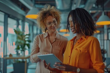 Two business women having a discussion, they're standing in an office and using a tablet,...