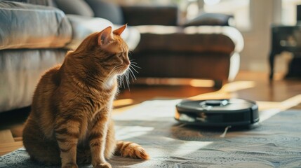 A focused orange cat sitting near a robotic vacuum cleaner in a cozy living room setting