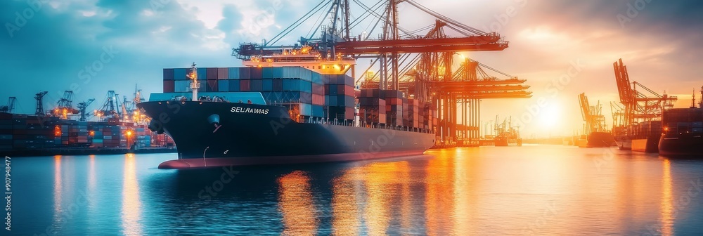 Poster a large cargo ship is docked at a port with cranes loading and unloading containers. the sun is sett