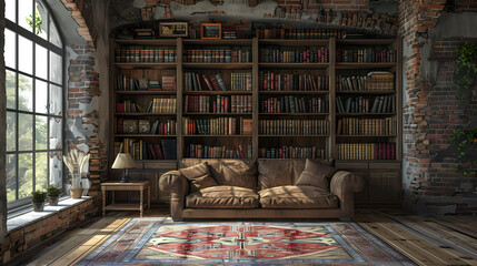 A cozy living room with a large bookcase filled with books. The room has a rustic feel with exposed brick walls and a large window that lets in natural light. The couch looks inviting, making it the p