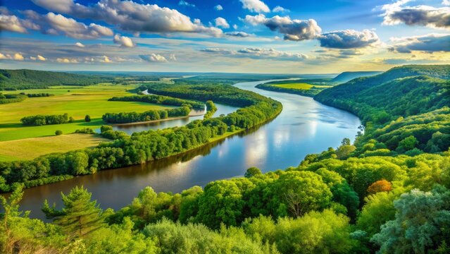 Panoramic view of the Mississippi River curving through a lush green valley, with Big Lake sparkling in the distance, from Mount Hosmer Park's scenic overlook.