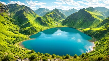 Aerial view of a pristine, turquoise lake surrounded by dense pine forests, mountains visible in the distance. 3