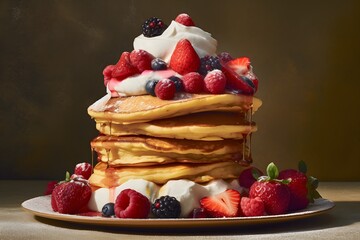 Appetizing layers of pancakes with syrup and berries.