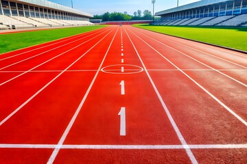 Athletics stadium running track red lines marks.