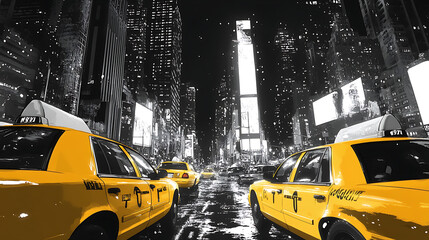 Obraz premium A black and white cityscape at night with bright yellow taxi cabs in the foreground 