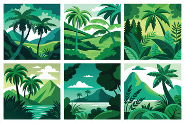 Obraz premium Six Illustrations of Tropical Landscapes with Palm Trees and Lush Foliage