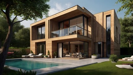 Casa moderna de madera, con un patio trasero enorme y una bonita sala de estar de cara a una gran piscina