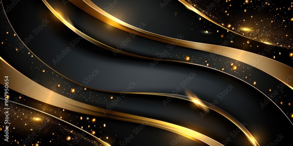 Poster black and gold lines intertwine, creating an elegant, flowing design with sparkling accents