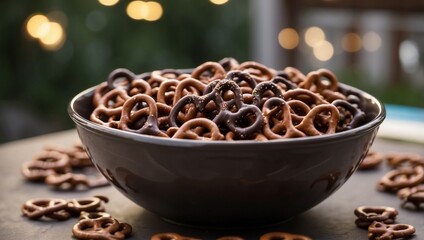 ChocolateDipped Pretzels in a Chic Bowl for an Outdoor Party adorned with Natural Light.