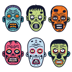 Cartoon zombie faces diverse expressions scary characters six unique avatars isolated plain background. Colorful illustration spooky monsters blue green orange red hues artistic horror design