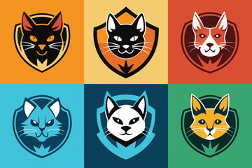 Fototapeta premium Six Colorful Cat Heads Inside Shields